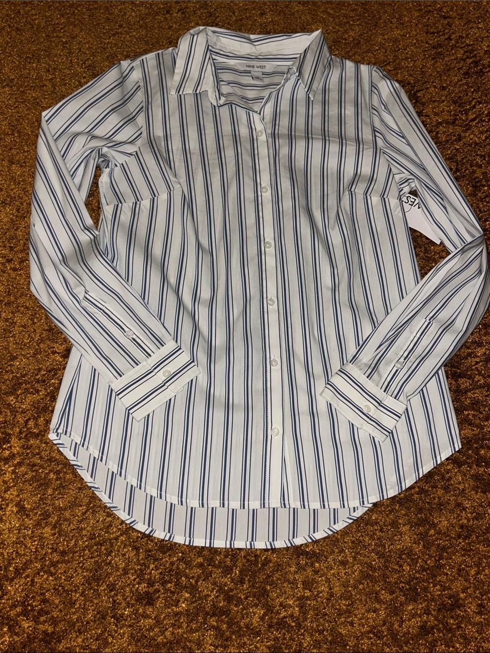 Nine West White Shirt with Navy Stripe Button-Down